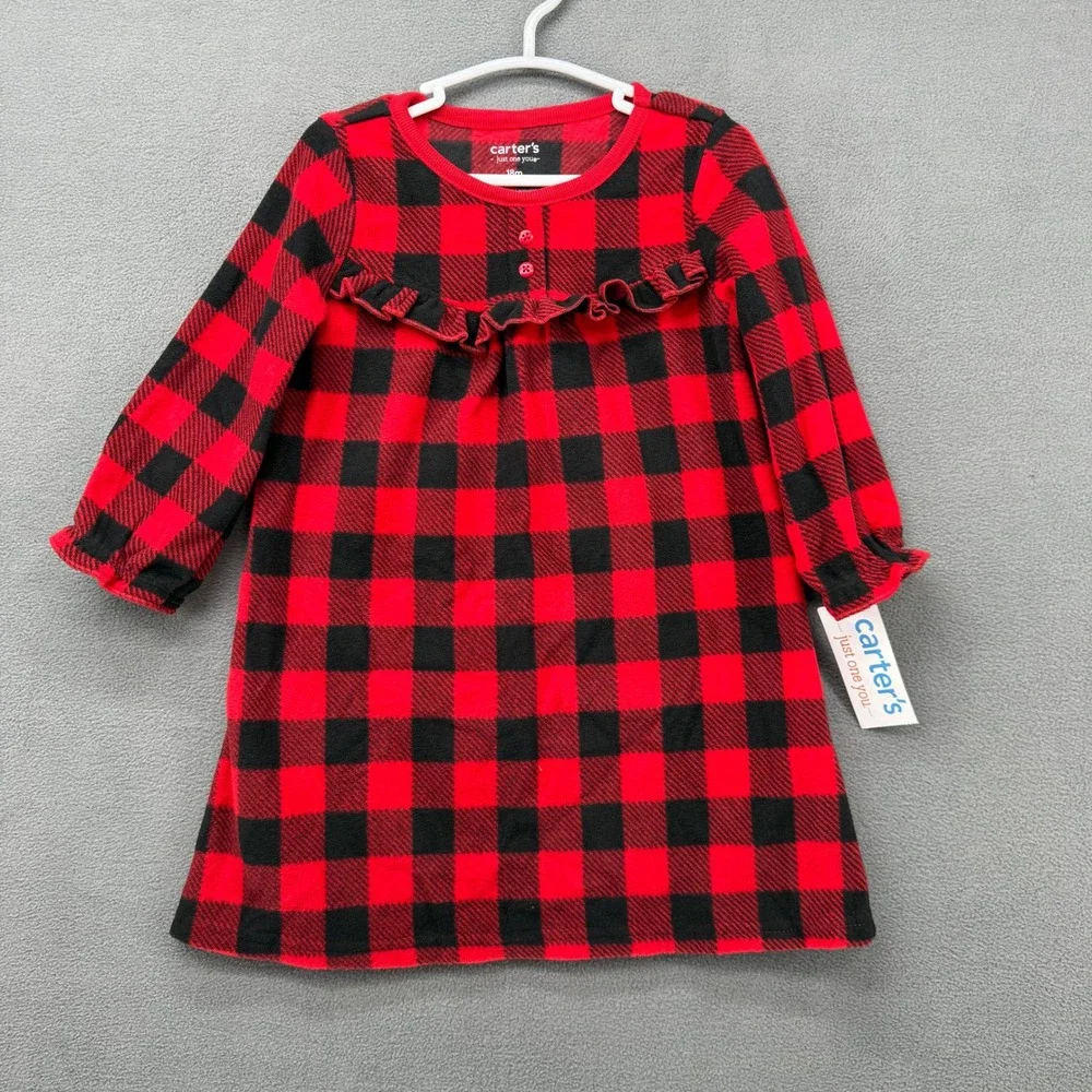 Carters Red Black Buffalo Plaid Fleece Dress 18m Long Sleeve Ruffled